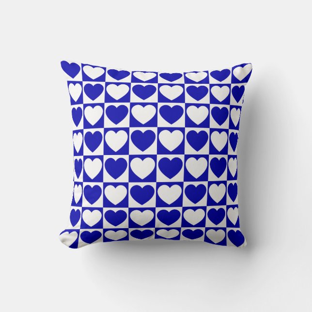 Royal Blue and White Checkered Pattern With Hearts Throw Pillow (Front)