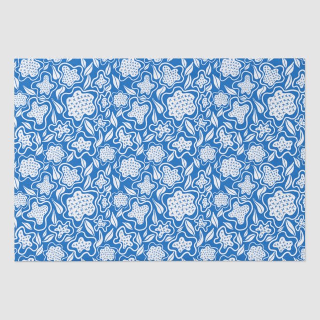 Royal Blue and White Cross Stitch Floral  Tissue Paper (Front)