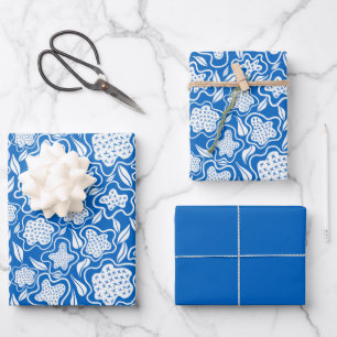 Royal Blue and White Cross Stitch Floral Wrapping Paper Sheets