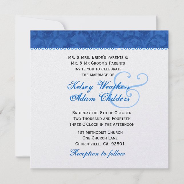 Royal Blue and White Damask Wedding Template (Front)