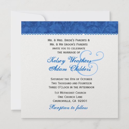 Royal Blue and White Damask Wedding Template Personalized Invitation