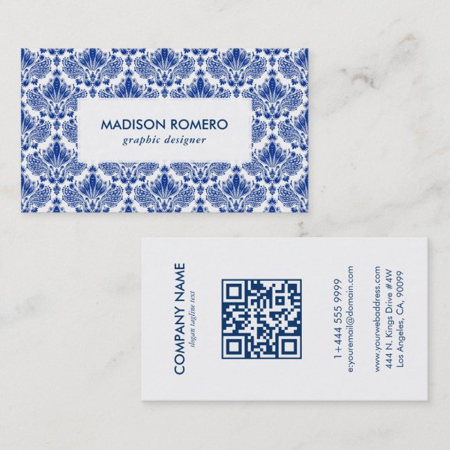 Royal Blue And White Damasks Pattern QR code Business Card (Front/Back)