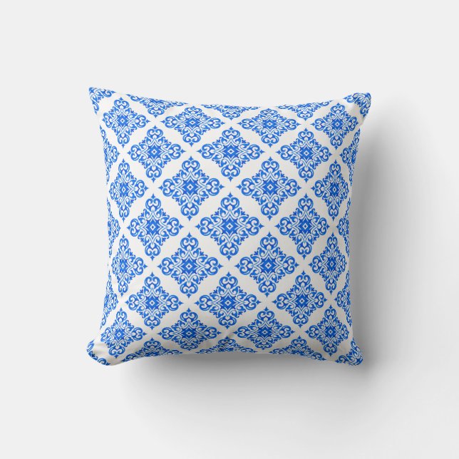 Royal Blue And White Delft Like Pattern Throw Pillow (Front)