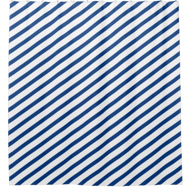 Royal Blue and White Diagonal Stripes Modern Shower Curtain (Front)