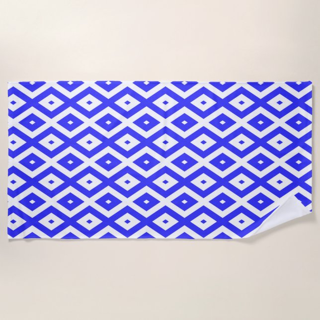 Royal blue and white diamond pattern beach towel (Front)