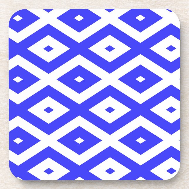 Royal blue and white diamond pattern beverage coaster (Front)