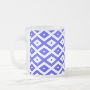 Royal blue and white diamond pattern frosted glass coffee mug