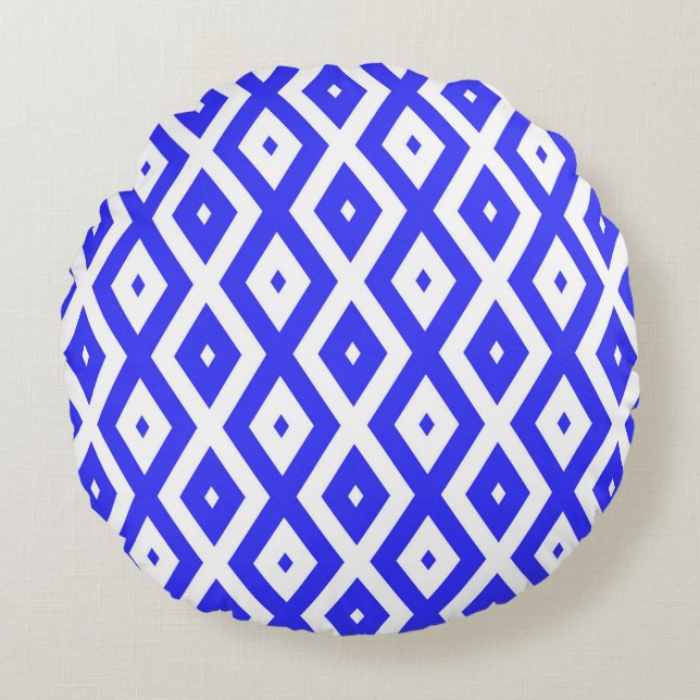 Royal blue and white diamond pattern round pillow (Front)