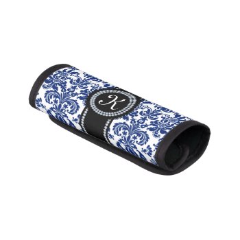 Royal Blue And White Floral Damasks Monogramed Luggage Handle Wrap by artOnWear at Zazzle