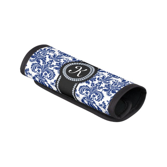 Royal Blue And White Floral Damasks Monogramed Luggage Handle Wrap (Angled)