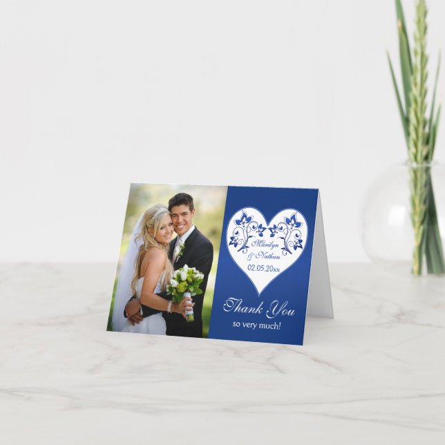 Royal Blue and White Floral Photo Thank You Card (Front)