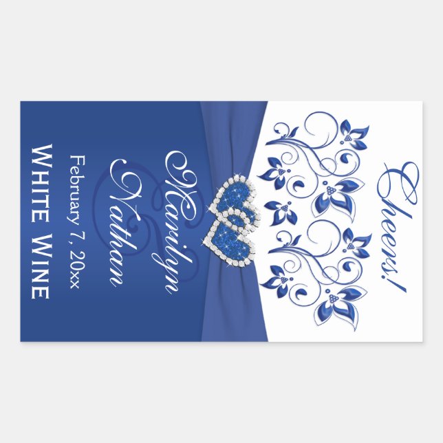 Royal Blue and White Floral Wedding Bottle Sticker (Front)