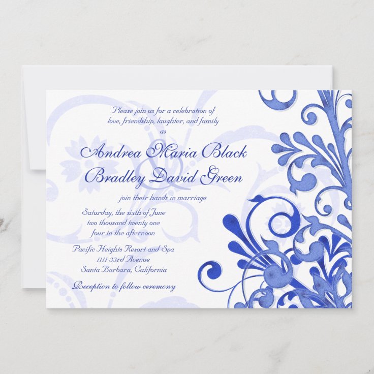 Royal Blue and White Floral Wedding Invitation | Zazzle