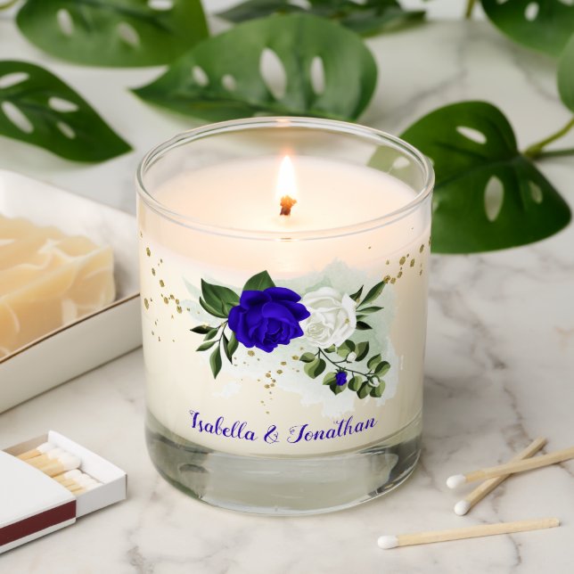 royal blue and white flowers greenery scented candle (Lit)