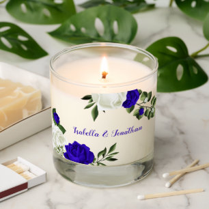 royal blue and white flowers greenery scented candle