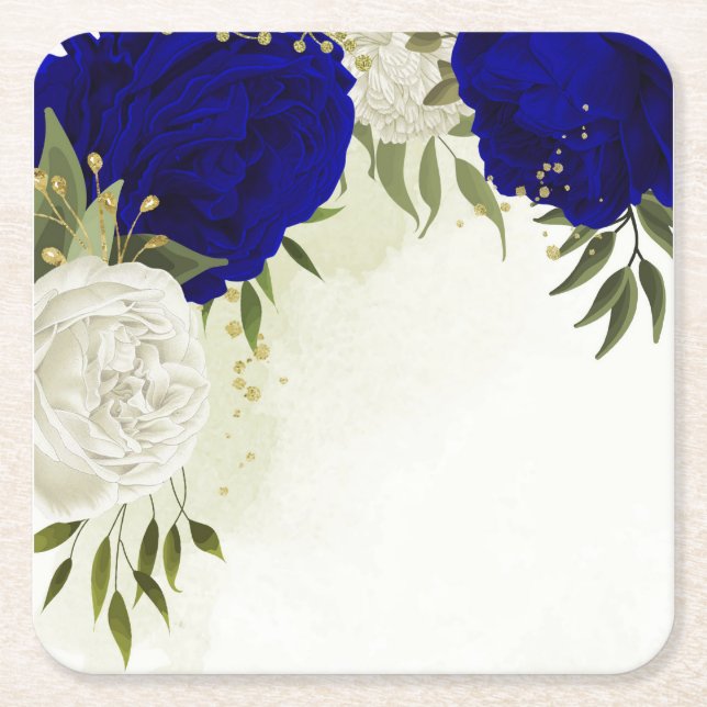 royal blue and white flowers greenery wedding square paper coaster (Front)