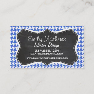 Royal Blue and White Houndstooth; Chalkboard look Business Card