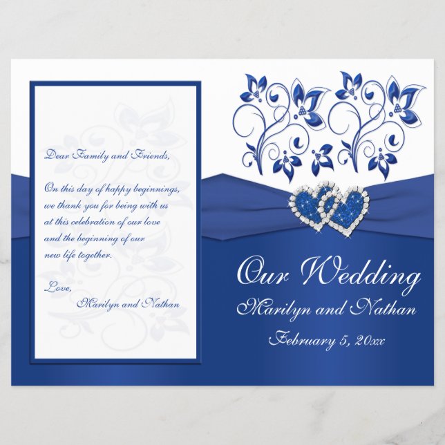 Royal Blue and White Joined Hearts Wedding Program (Front)