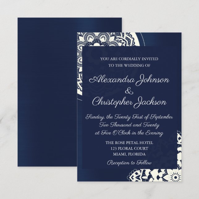 Royal Blue and White Mandala Wedding Invitation (Front/Back)