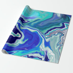 Royal Blue and White Marble Waves Fluid Art Wrapping Paper