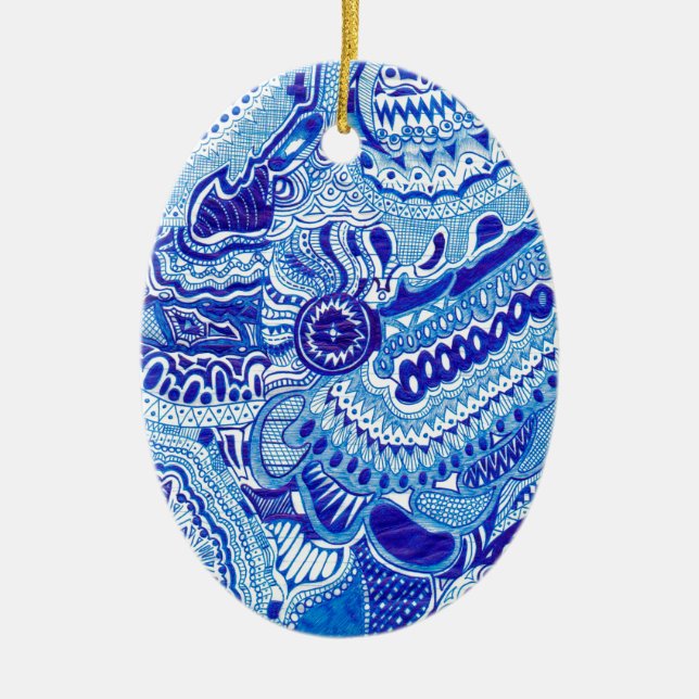 Royal Blue and White Ming style pattern art Ceramic Ornament (Front)