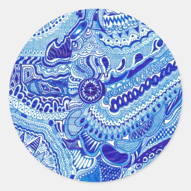 Royal Blue and White Ming style pattern art Classic Round Sticker (Front)
