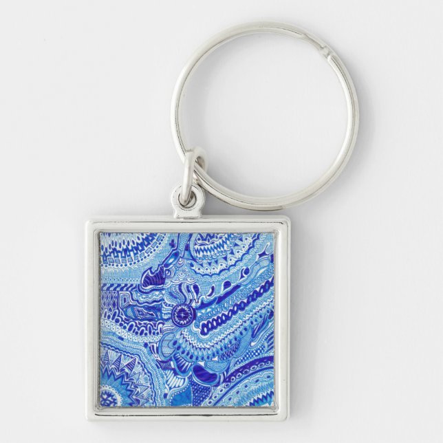 Royal Blue and White Ming style pattern art Keychain (Front)