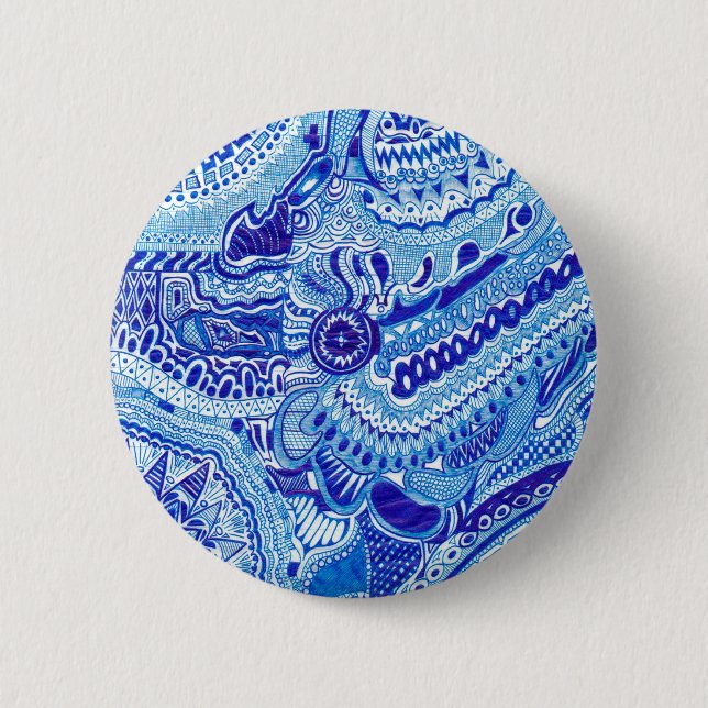 Royal Blue and White Ming style pattern art Pinback Button (Front)