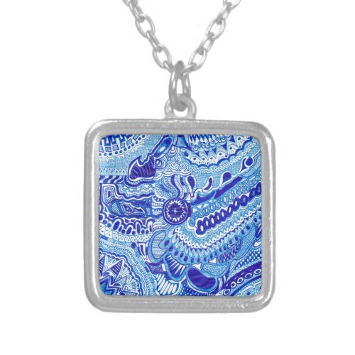 Royal Blue and White Ming style pattern art Silver Plated Necklace