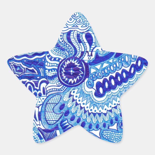 Royal Blue and White Ming style pattern art Star Sticker (Front)