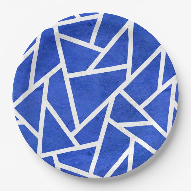 Royal blue and white mosaic pattern paper plates (Front)