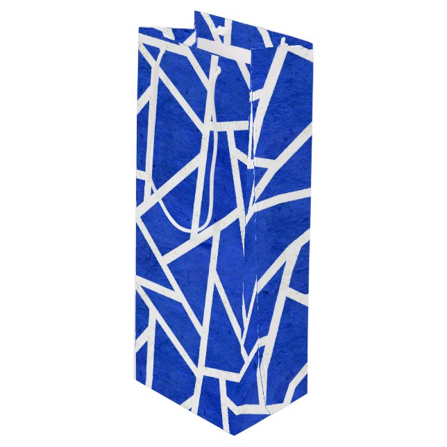 Royal blue and white mosaic pattern wine gift bag (Front Angled)