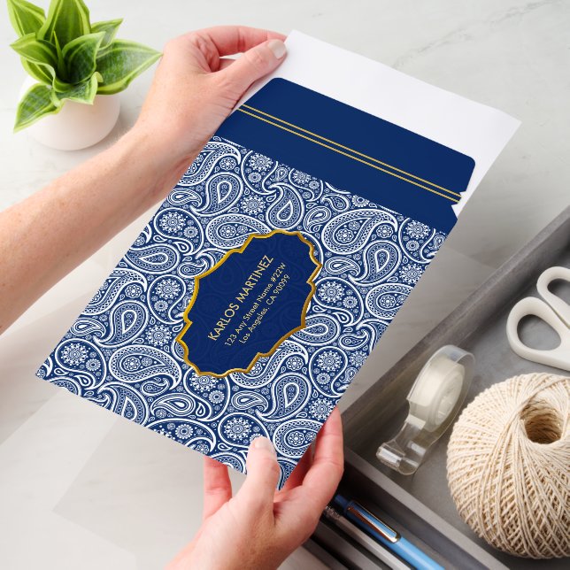 Royal Blue And White Paisley Pattern Envelope Mailers (Desk)