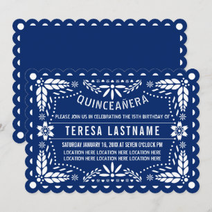 Royal blue and white papel picado Quinceañera Invitation