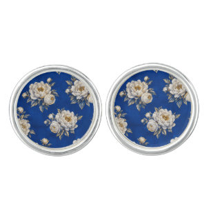 Royal Blue and White Peony Gold Outline Floral Cufflinks