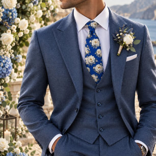 Royal Blue and White Peony Gold Outline Floral Neck Tie