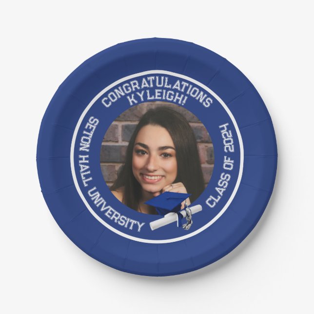 Royal Blue and White Photo Graduation Paper Plates (Front)