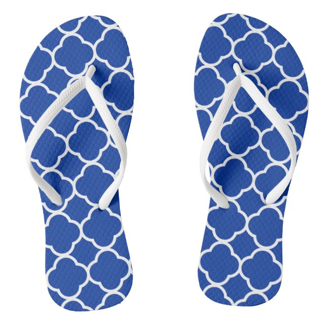 Royal Blue and White Quatrefoil Geometric Pattern Flip Flops (Footbed)