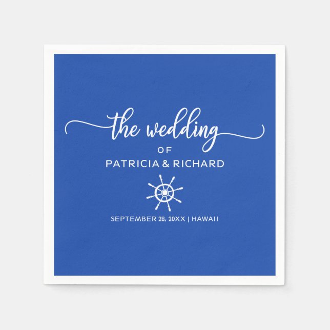 Royal Blue and White Rudder Nautical Wedding Napkins (Front)