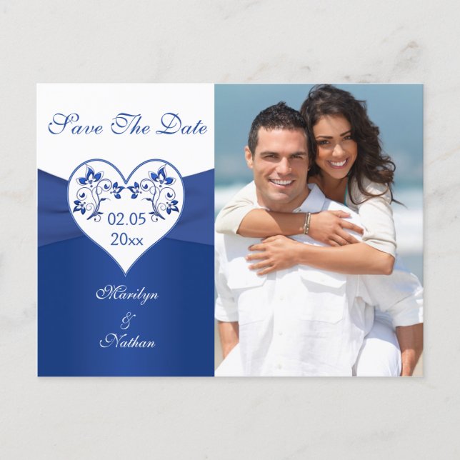 Royal Blue and White Save the Date Photo Card (Front)