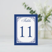 Royal Blue and White Scrolls Table Number Card (Standing Front)