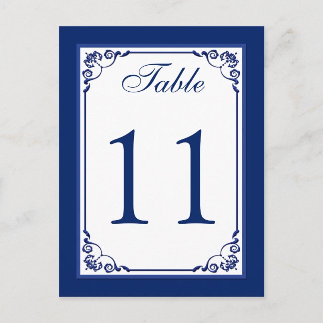 Royal Blue and White Scrolls Table Number Card (Front)