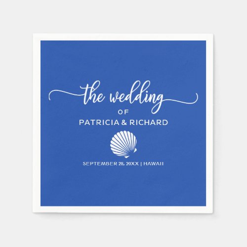 Royal Blue and White Seashell Beach Wedding Napkins