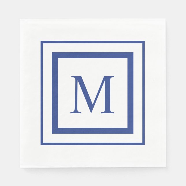 Royal blue and white  square border monogram napkins (Front)