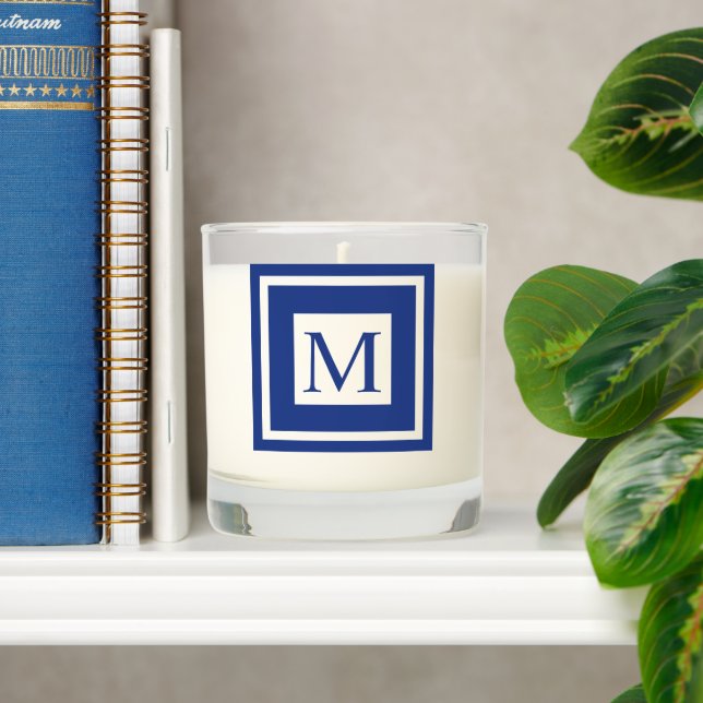 Royal blue and white  square border monogram scented candle (Shelf)