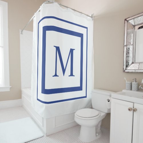 Royal blue and white  square border monogram shower curtain