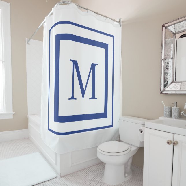 Royal blue and white  square border monogram shower curtain (In Situ)