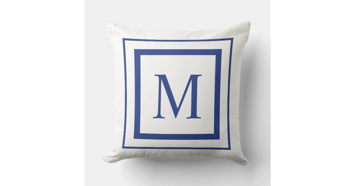 White & Blue Plaid-Border Monogram Decorative Pillow