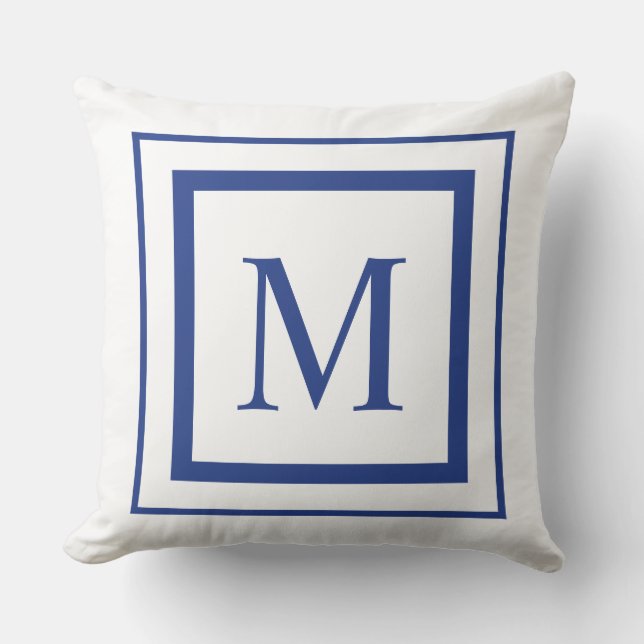 Royal blue and white  square border monogram throw pillow (Front)