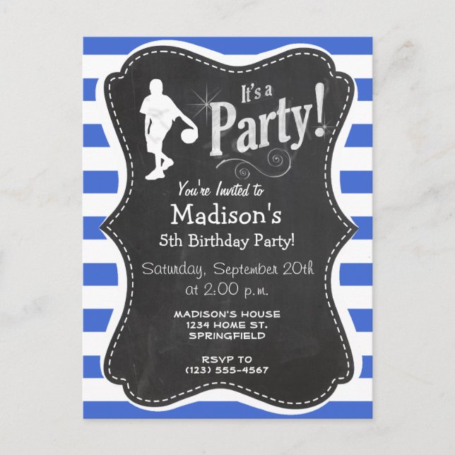 Royal Blue and White Stripes; Basketball Invitation Postcard (Front)